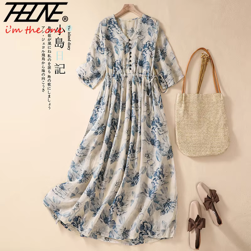 Vestido holgado informal de verano para Mujer, Jersey de manga corta con cuello de pico, algodón, Vintage