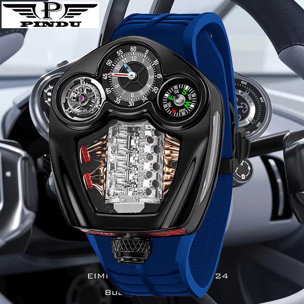 PINDU Design New Top Brand Men Quartz Watch Engine Series Stainless steel Compass Waterproof Swiss Movement Watch For Men 2025