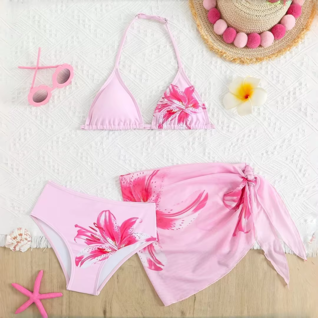 Teen Girls' Bikini Swimwear Set Three-Piece Floral Off-the-Shoulder Swimsuit For Girls Bathing Suit For Beach Pool 7y To 16Y