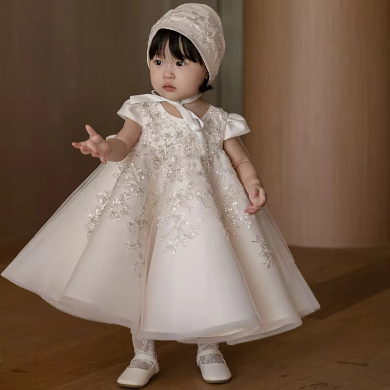 Cute Baby Girl First Birthday White Short Sleeve Dress  Flower Girl Tutu Princess Gown Costume Children Week Catch Party Wedding