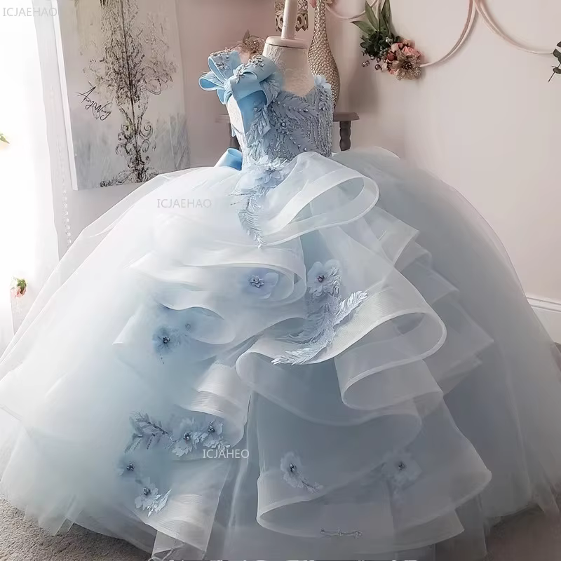 Light Blue Kids Girls Long Princess Party Dress Sweet Evening Banquet Pageant Formal Celebration Gown for Host Piano Performance