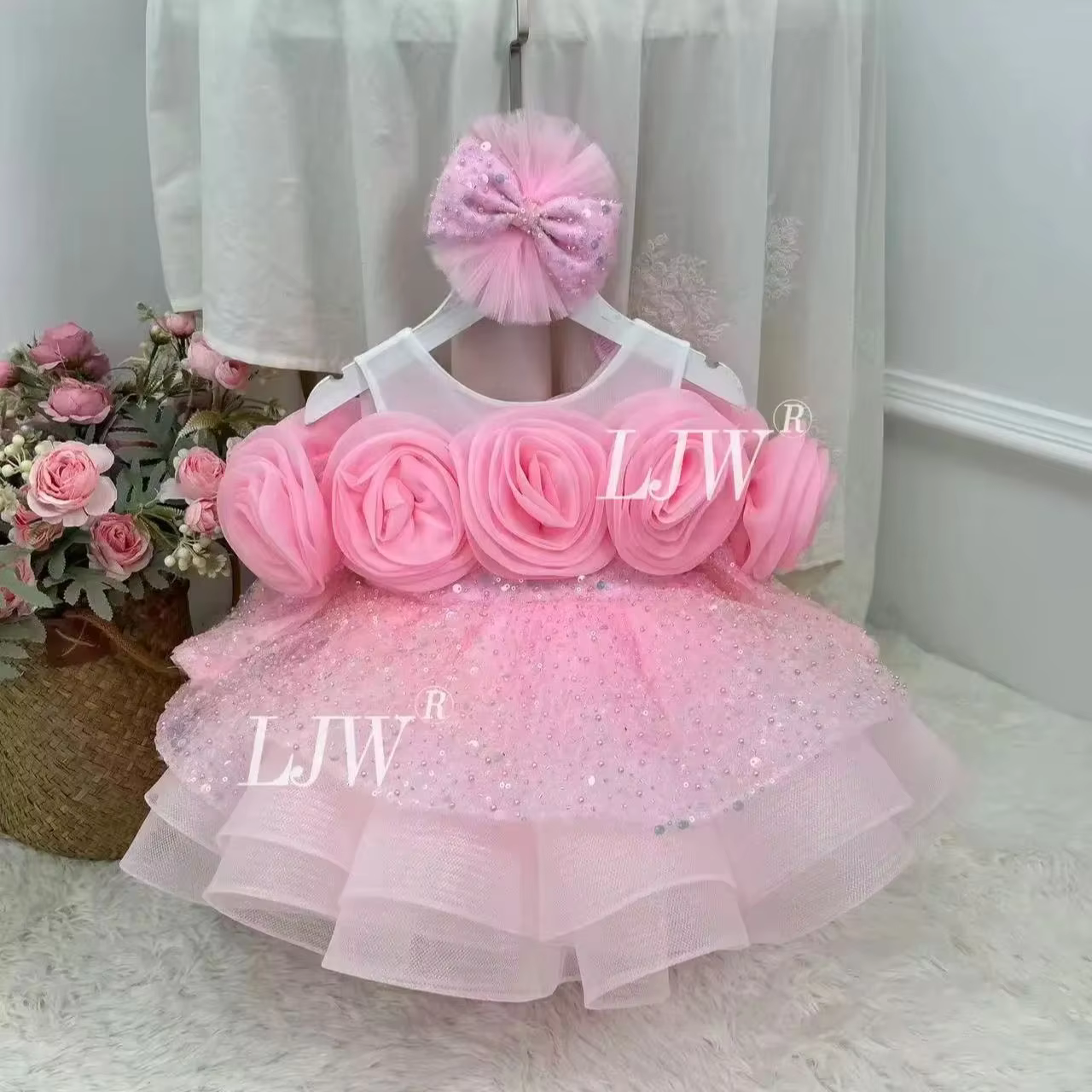 3D rose Floral Sequin Luxury princess Dress toddler 1st Birthday Pageant Party Ball Gown Girls Wedding Party Gown Pageant compet
