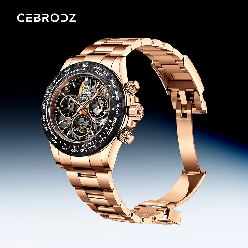 CEBRODZ Automatic Chronograph Interchangeable Zircon Ceramic Carbon Fiber Bezel Watch for Men Rose Gold Stainless Steel 165100A