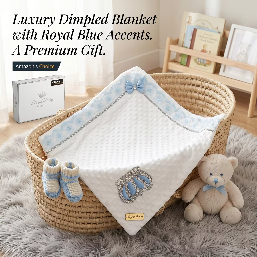 Luxurious Minky Dot Baby Blanket Sparkle Crown Embroidery Blue Bow Baby Shower Gift Lavish Softness Heirloom