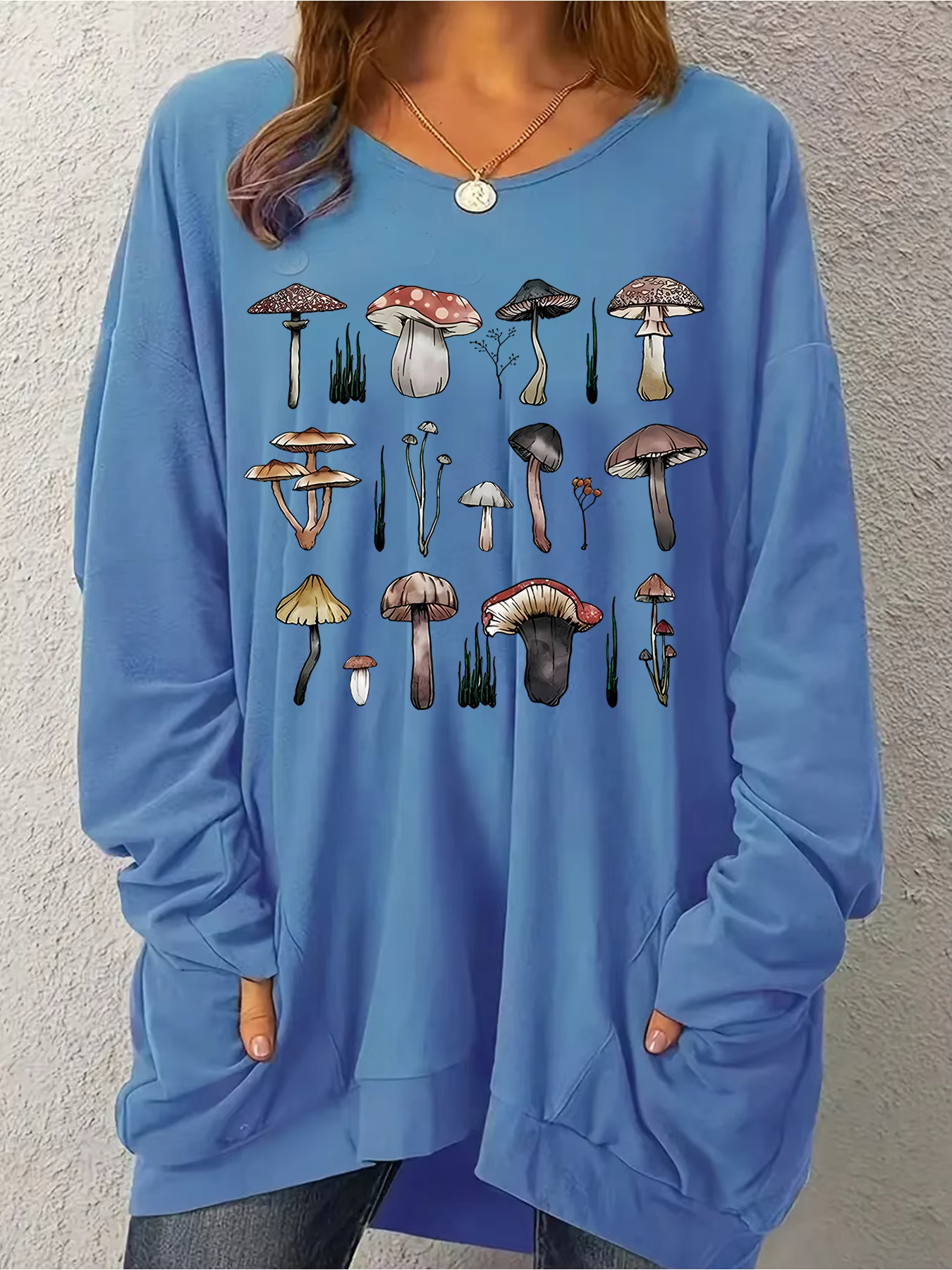 Fashionable plus size women's clothing with a fresh forest style! Hand drawn mushroom catalog printed long sleeved hoodie