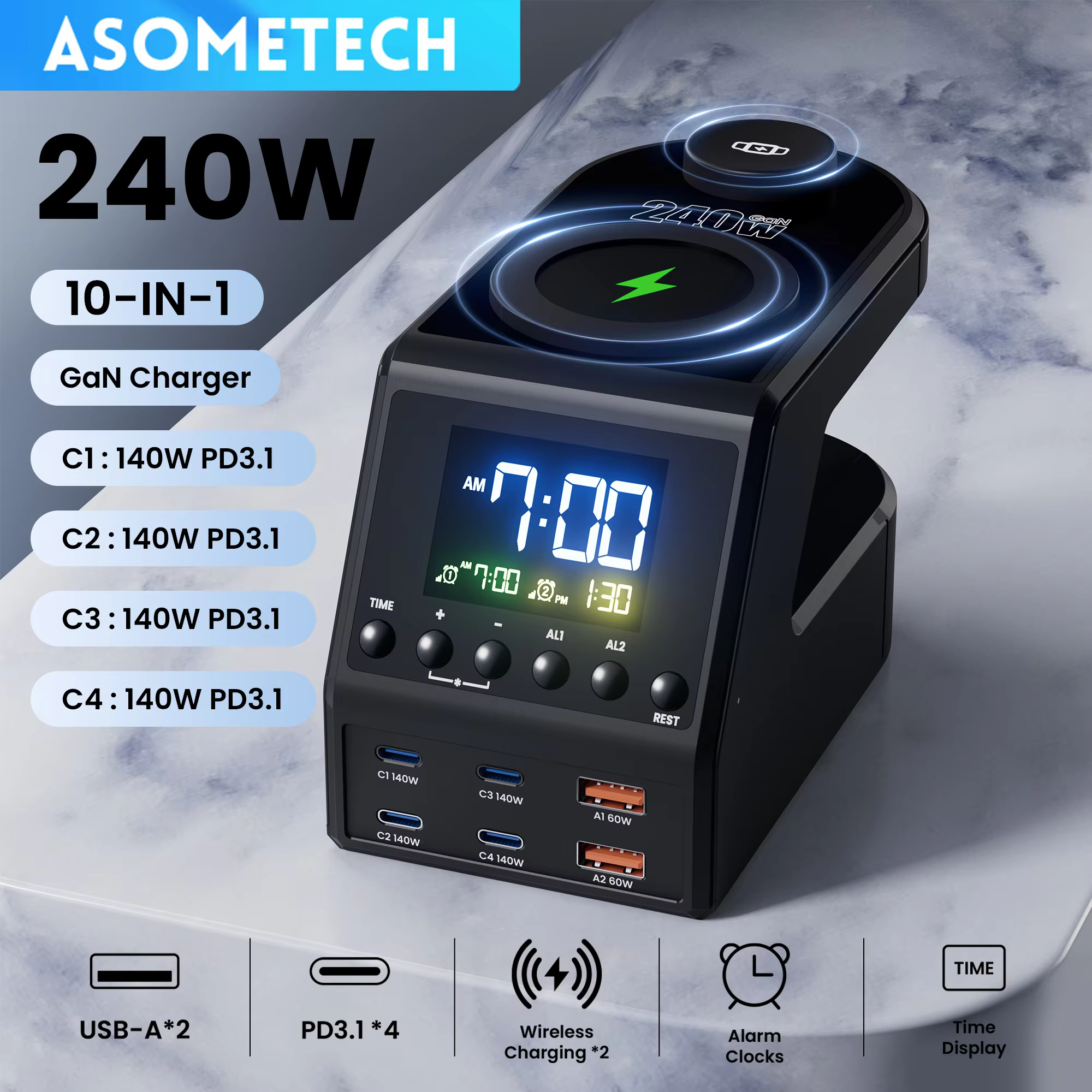 240W GaN Charger Station 4×140W PD3.1 USB Type C Wireless Fast Charger for MacBook iPad Samsung Alarm Clock Time Display