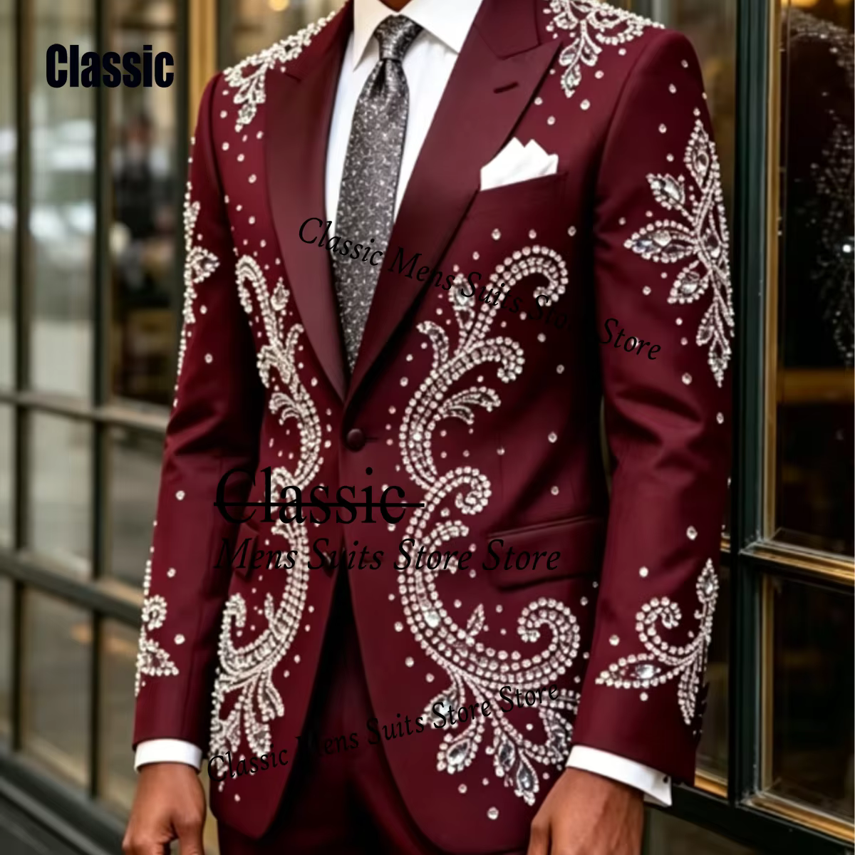 Exquisite Gem Crystal Men Suit 2 Pieces Sets Male Party Blazers Customized Groom Evening Tuxedos Slim Jewelry trajes para hombre