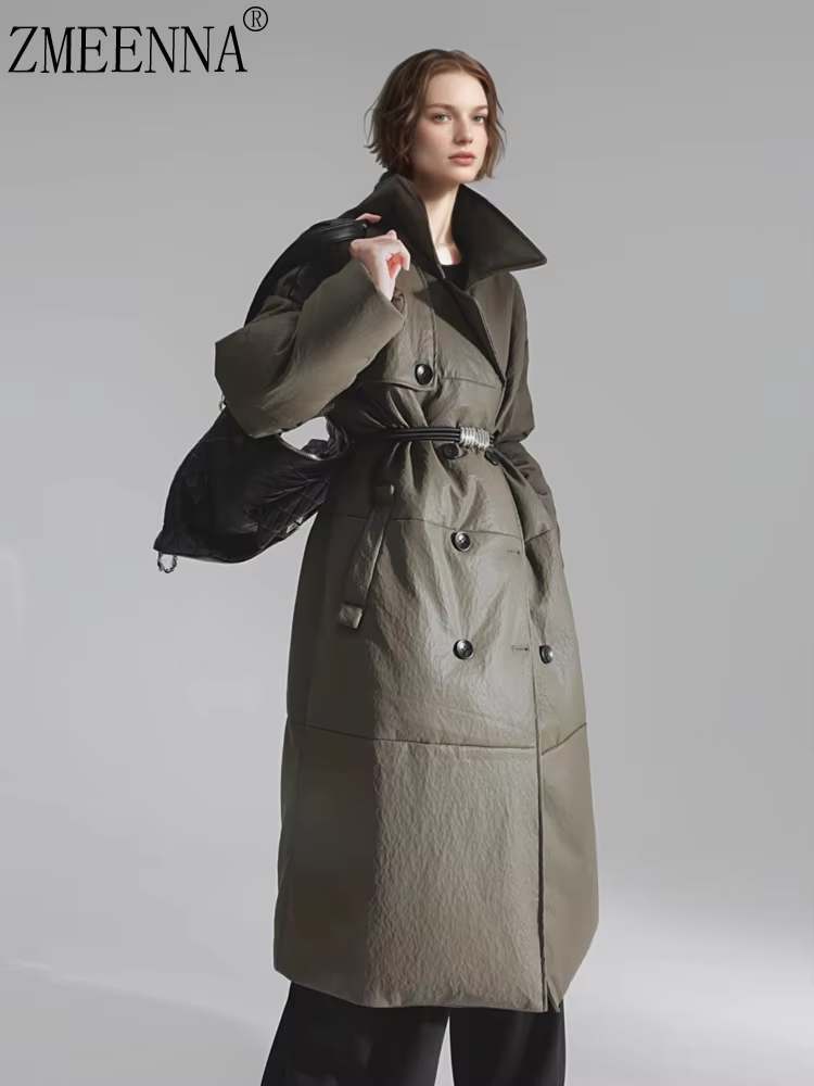 ZMEENNA Womens Olive Green Puffer Trench Coat Double Breasted Down Jacket With Belt Lapel Long Warm Outerwear ZM4630