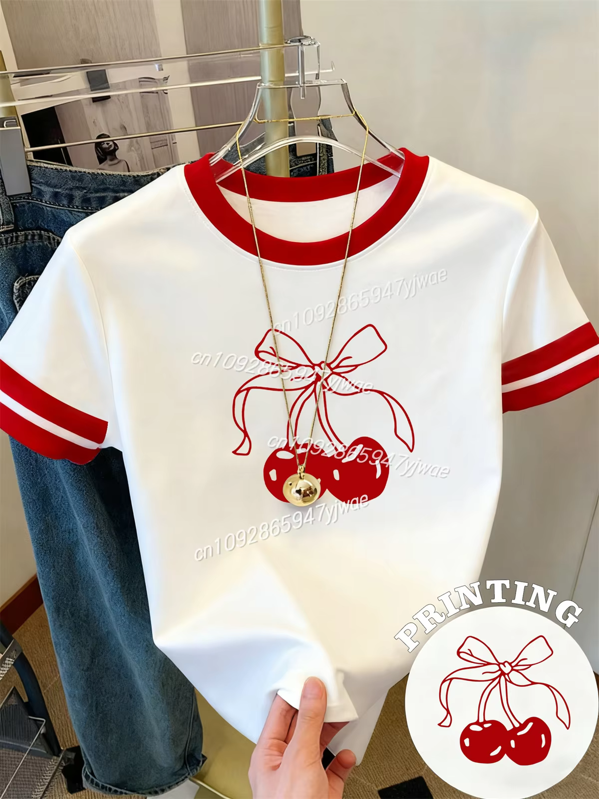 Women's y2k Cherry Bow Graphic Printed T-shirt Round Neck Fashion Streetwear Top Summer Women's Casual T-shirt
