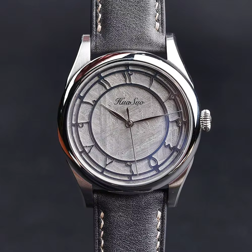 HUASUO Men's Business Leisure Watch 38mm Luxury Natural Iron Meteorite Dial SW200 Mechanical Sapphire Crystal Mirror Watches