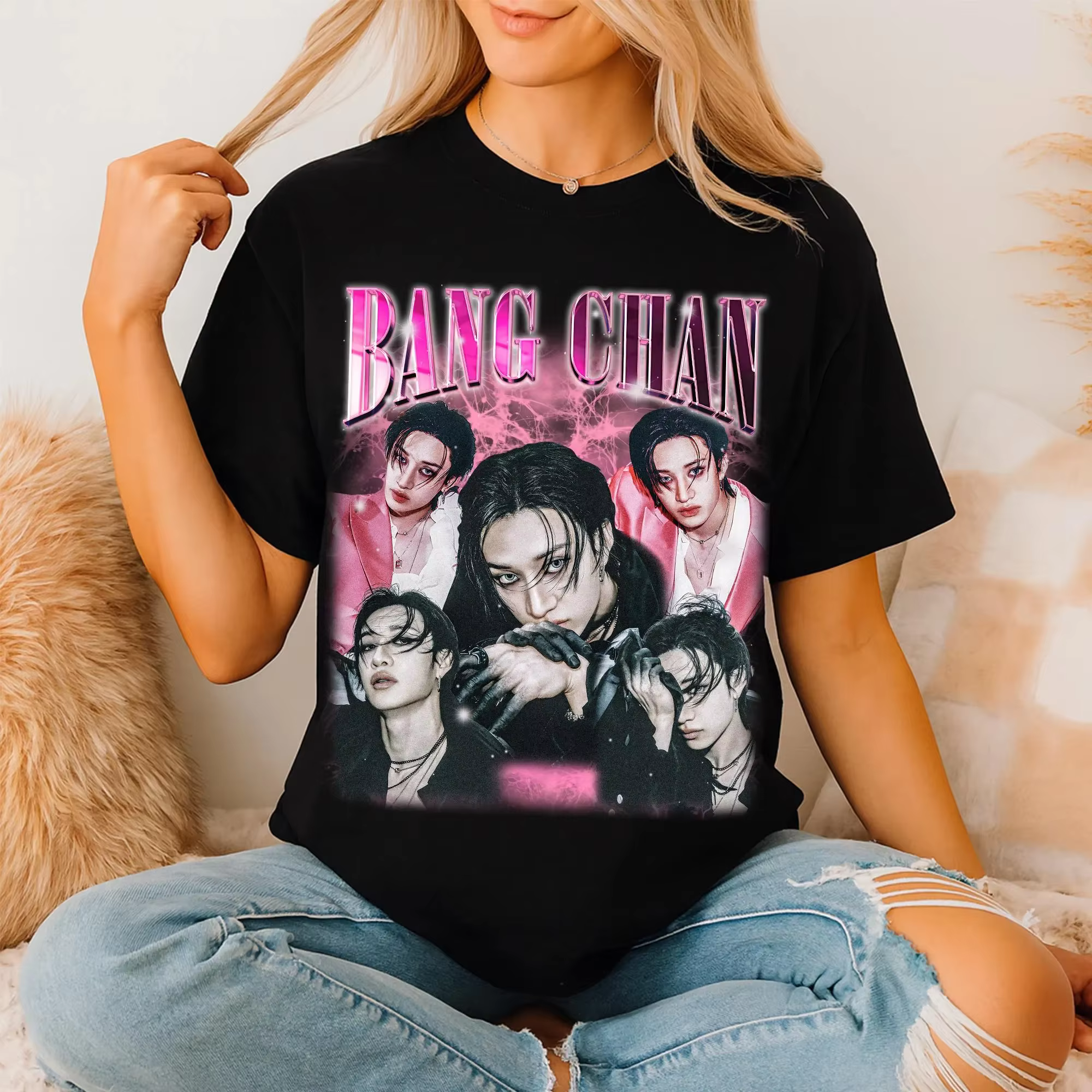 Bang Chan Portrait Printed Women's T-shirt for Spring and Summer Fashion Trend, Pure Cotton Top, Neutral Short Sleeved T-shirt