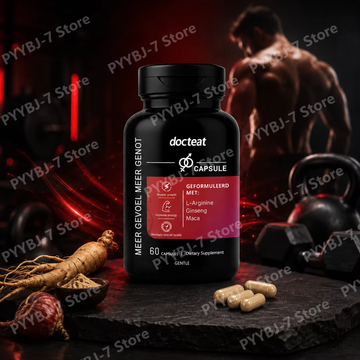 Men's Health Capsules Herbal Capsules with L-Arginine, Ginseng & Maca – Natural Daily Energy Wellness Supplement, 60 CT