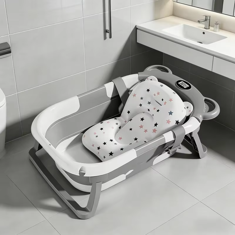 Newborn to Toddler Baby Bathtub Household Portable Cartoon Bear Design with Soft Cushion Built-in Thermometer for Travel Bath
