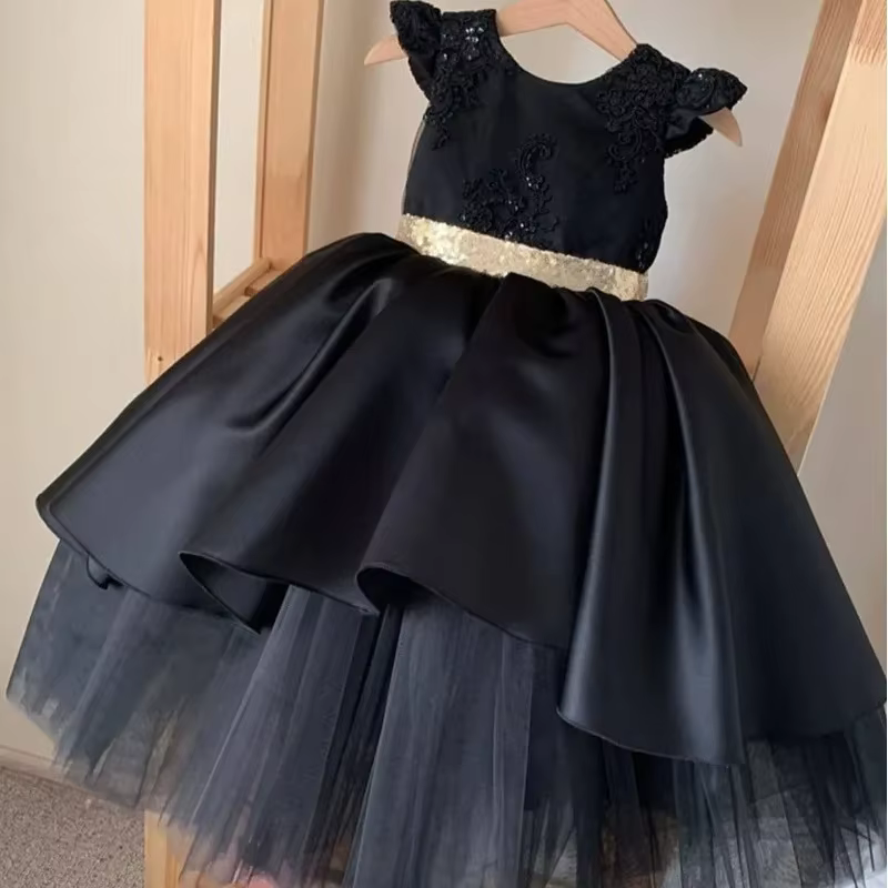 2025 Kids Girls Performance Gown Black Satin Puffy Tulle Princess Dress Piano Show Host Banquet Party Formal Fashion