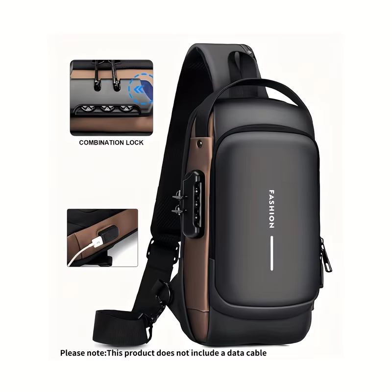 1 durable Oxford cloth men's chest bag, fashionable motorcycle crossbody bag with password lock and zipper closure