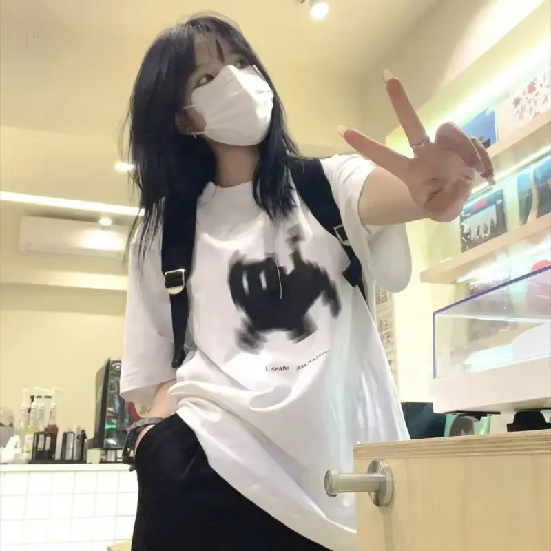 Summer Y2k Aesthetic Cat Print Basic Short Sleeve T-shirts Streetwear Tops Women Casual Harajuku Round Neck Tee Clothing
