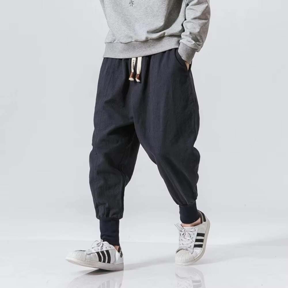 Cotton Linen Harem Pants Men Streetwear Joggers New Baggy Drop-crotch Pants Casual Trousers Men Sweatpants