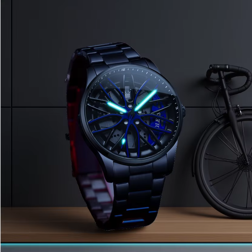 OLEVS Fashion 360° °   Drehbares Zifferblatt, Quarzuhr für Herren, Sportwagen, Felgenradnabe, wasserdicht, leuchtend, Herren-Armbanduhr aus Edelstahl