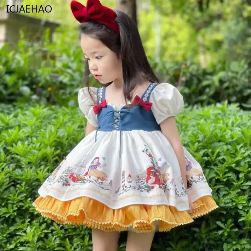 2025 Lolita Girl Dress Bubble Sleeves Kids Girls Party High Quality Clothes with BirthdayBow Elegant Children Frock