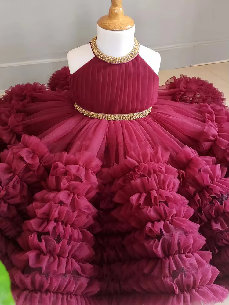 2025 Summer Girls Sweet Fluffy Dress Performance Dress Wine Red Flower Girl Princess Dress Walk Show Formal Big Butterfly Christ