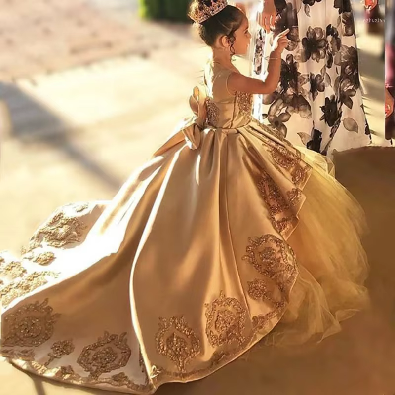 Children Long Train Flower Girl Dress Birthday Performance Gown Kids Wedding Princess Pageant Formal Attire Celebration Clothes