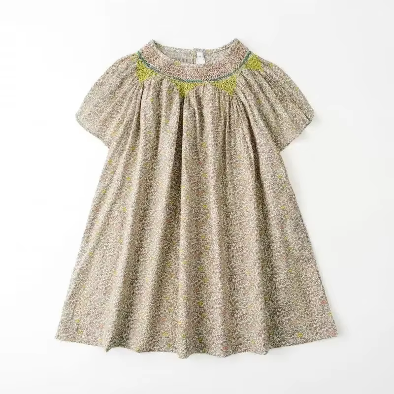 2025 Vintage Summer Dress For Baby Girls Kids Smocked A-Line Casual Loose One-Piece Dresses Embroidery Clothing Children Floral