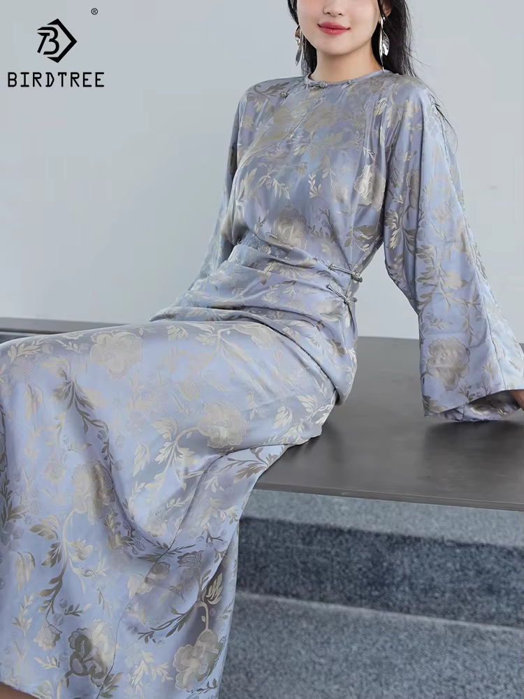 Birdtree,45% Real Silk Elegant Fashion Cheongsam Dresses,Women's Designer Chic Floral Party Dress,Spring Autumn New D3D656QM