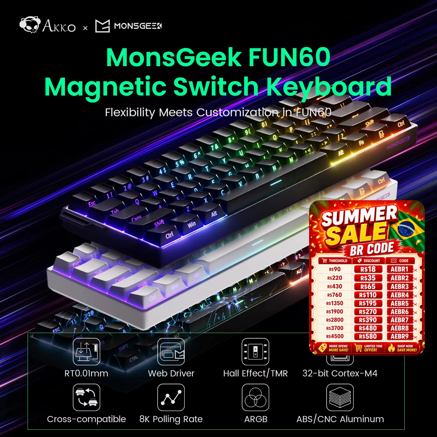 Akko MonsGeek FUN60 Mechanical Keyboard Magnetic Switch 60% Gaming Keyboards Rapid Trigger 0.01mm 8K ARGB HE/TMR Custom Keyboard