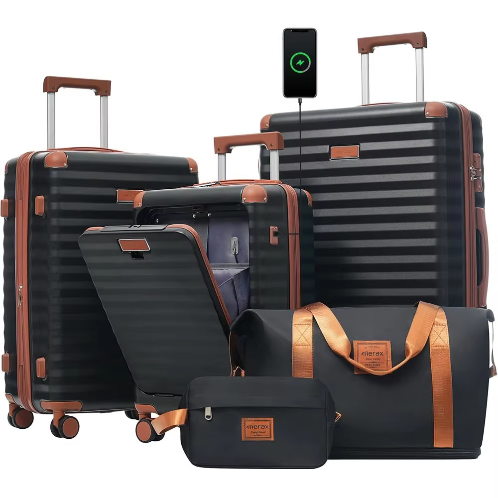 3-Piece Front-Opening Lightweight Hardside Carry-On Suitcase Set with Cup Holder, USB Port, Expandable Luggage with Spinner Whee