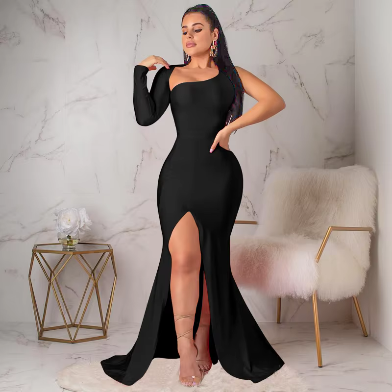 Spring Fall Longuette Long-sleeved Elastic Force Single Sleeve Slim Long Women's Dress
