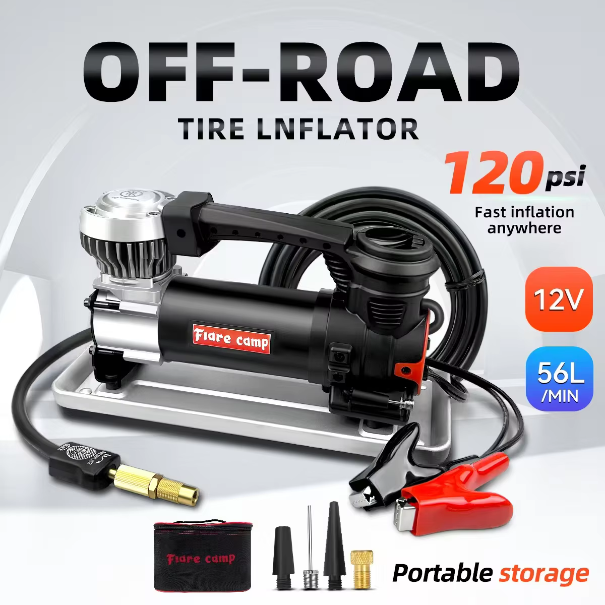 Intelligent Tire Inflator Portable On/Offroad Air Compressor for Car, Truck, SUV & RV 12V Heavy Duty Pump 120PSI, Alligator Clip