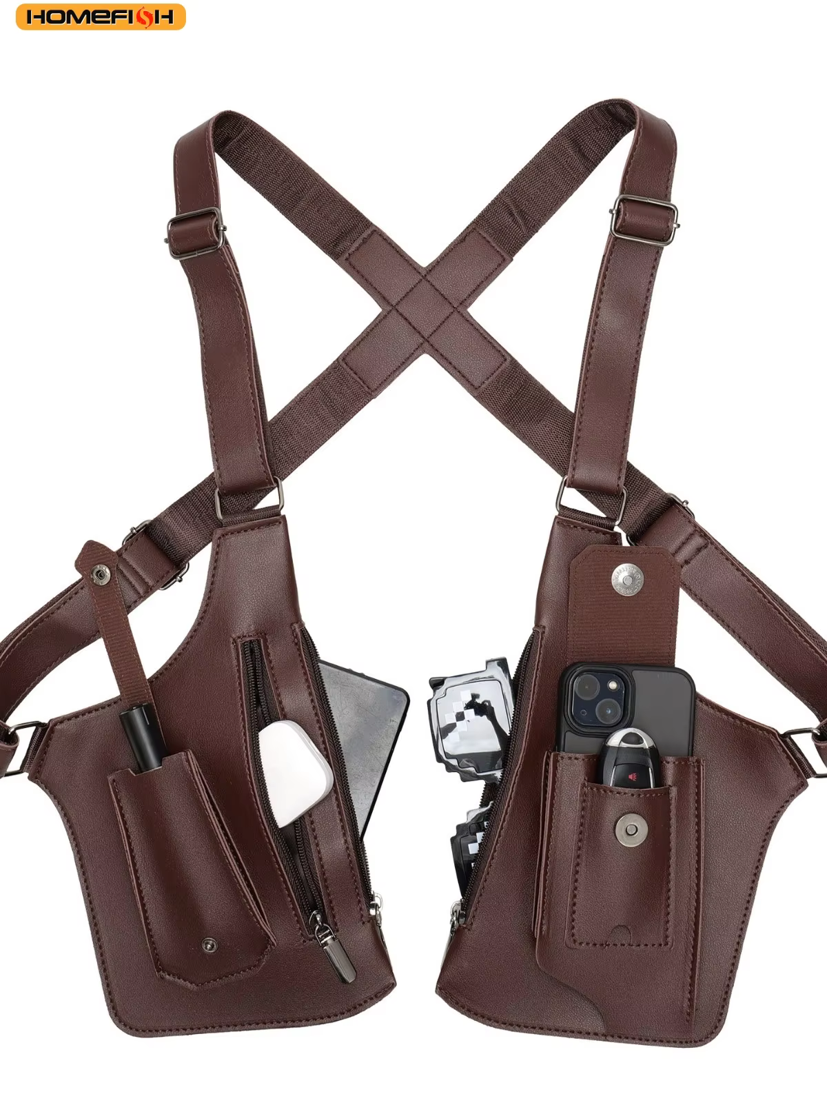 HOMEFISH Double Shoulder Strap Tactical Fishing Bag Waterproof PU Multi-Pocket Outdoor Anti-Theft Crossbody Bag Multi-Purpose