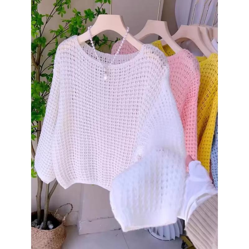 Spring and Summer Thin Hollow Long Sleeve Knitted Sweater for Women, Loose Breathable Vintage Design Top