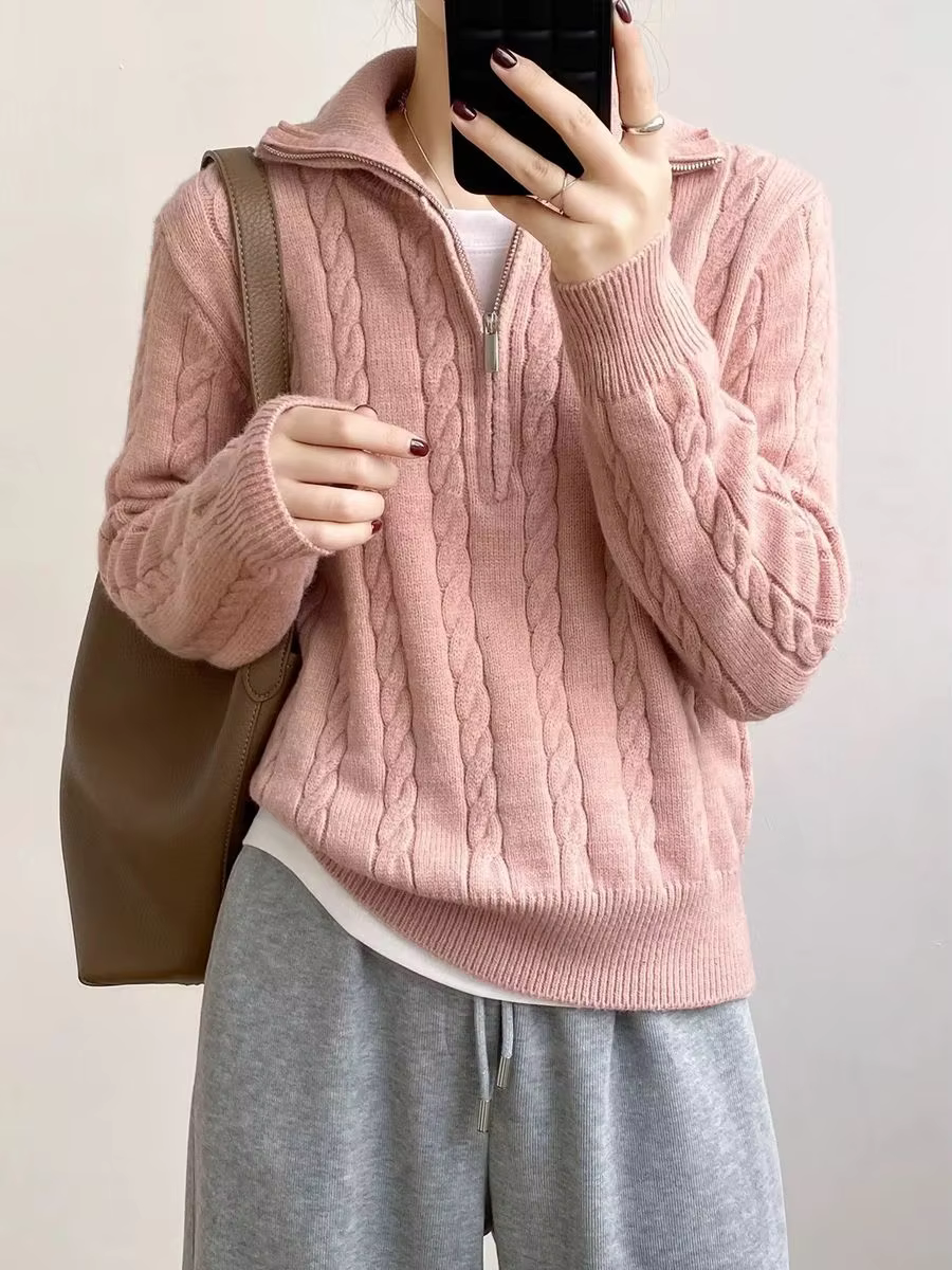 Vintage Cable Knit Half Zip Sweater Women Autumn Winter Thick Lapel Loose Fit Versatile Long Sleeve Cozy Casual Pullover Top