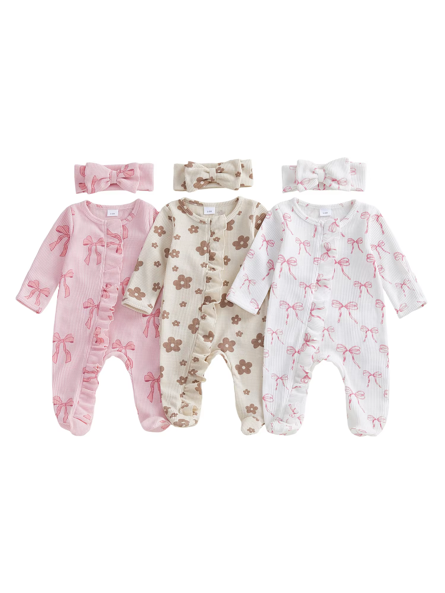 Adorable Baby Girl  Set with Matching Headband - Long Sleeve Floral Print Footie Jumpsuit for Newborns - Cute Infant