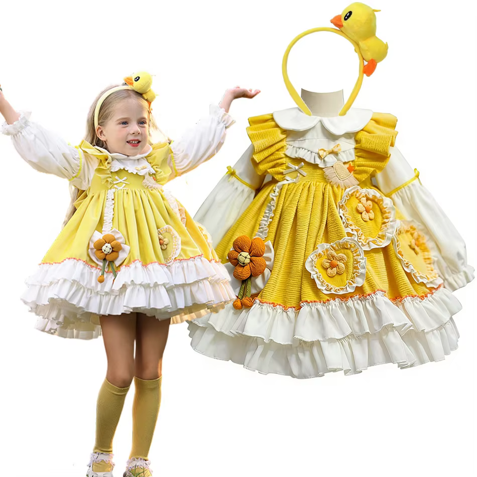 Girls Sweet Lolita Dress With Duck Hairband Set Toddler Kids Yellow Ruffle Puff Sleeve Princess Dress Birthday Party Costume