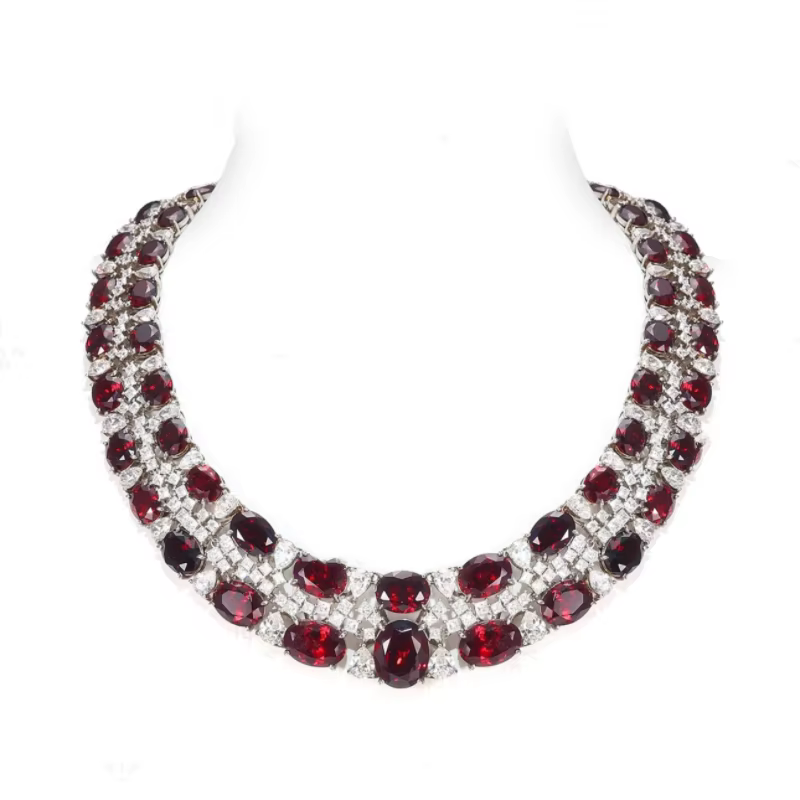 Bellux Fine Jewelry Banquet Party Wedding Luxury Ruby Necklace S925 Pure Silver Women's Vintage Red Synthetic Zircon Necklace