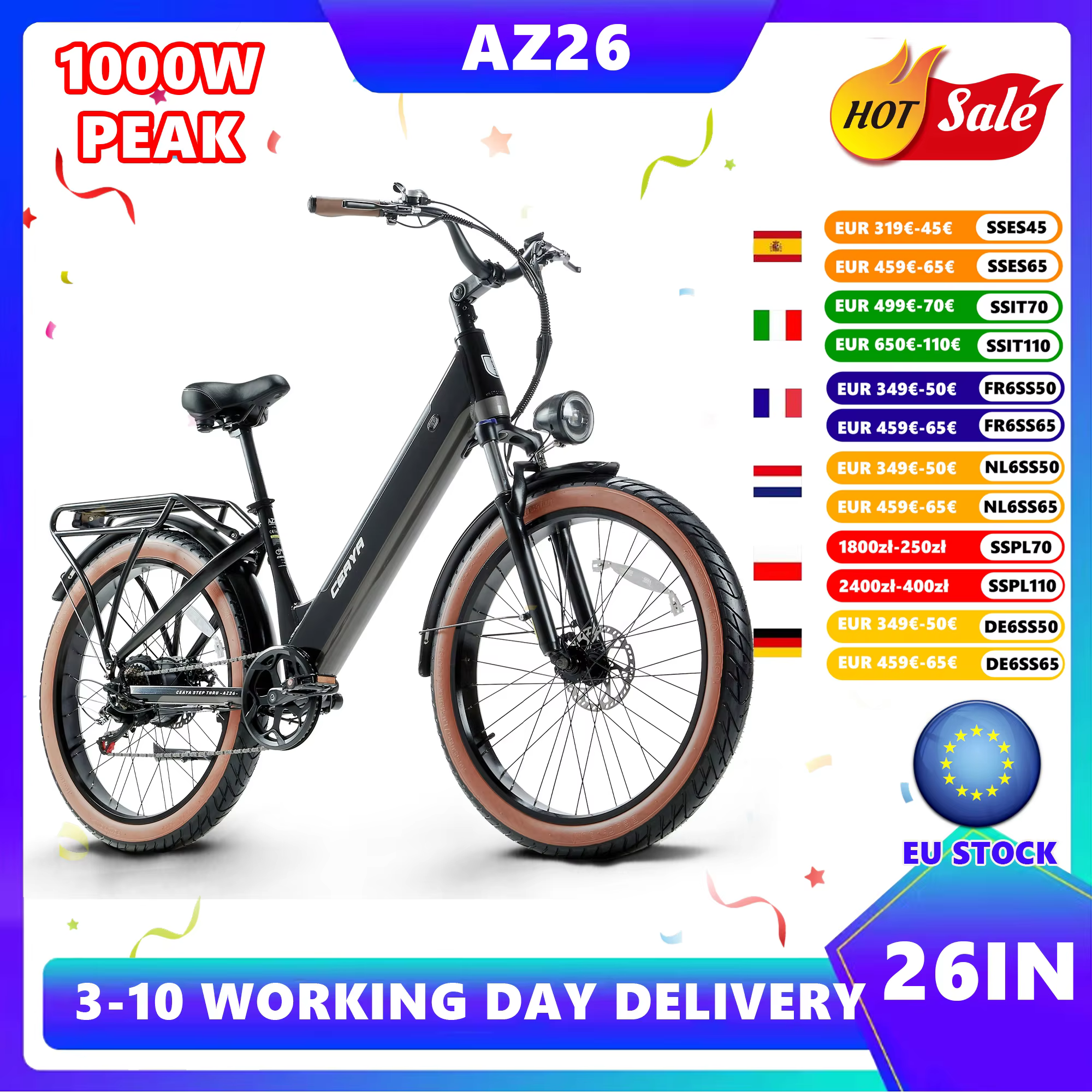 CEAYA AZ26 EBIKE Fat Tire City ebike 48V 20AH Battery E Mountainbike PEAK 1000W Trekking ebike