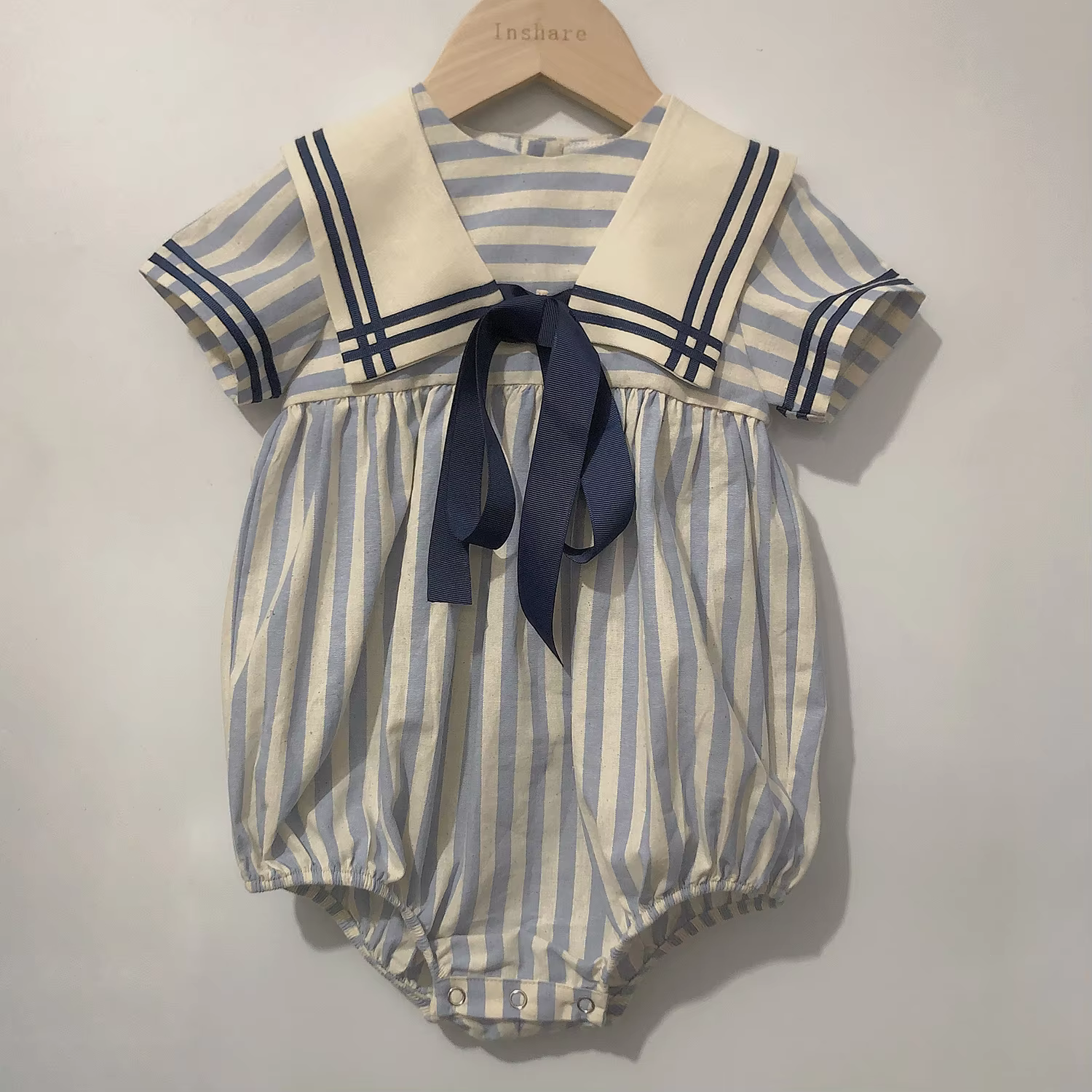 Children Boutique Clothing Baby Boys Girls Blue Striped Navy Tie Bubble Romper Vintage Cotton Siblings Outfit Birthday Dress