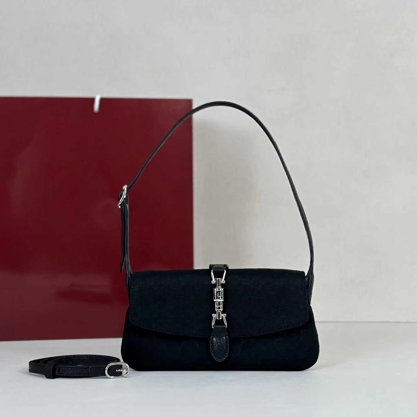 Black Canvas Shoulder Bag with Silver Buckle, Mini Flap Crossbody Purse with Detachable Strap, Luxury Designer Inspired Women's Handbag