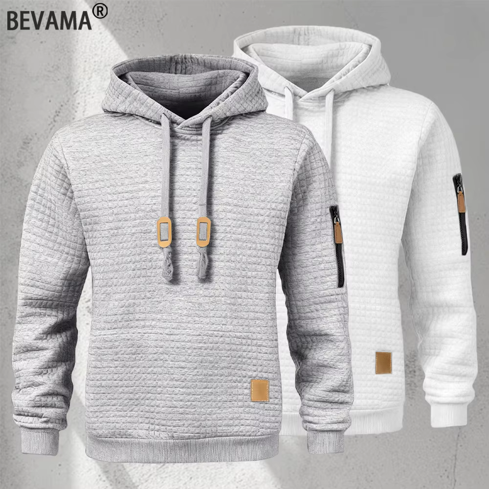 New Autumn Men's Hoodie Waffle Pattern Long Sleeve Sweatshirt Solid Color Casual Warm Pullover Outdoor Sportswear Men's Clothing