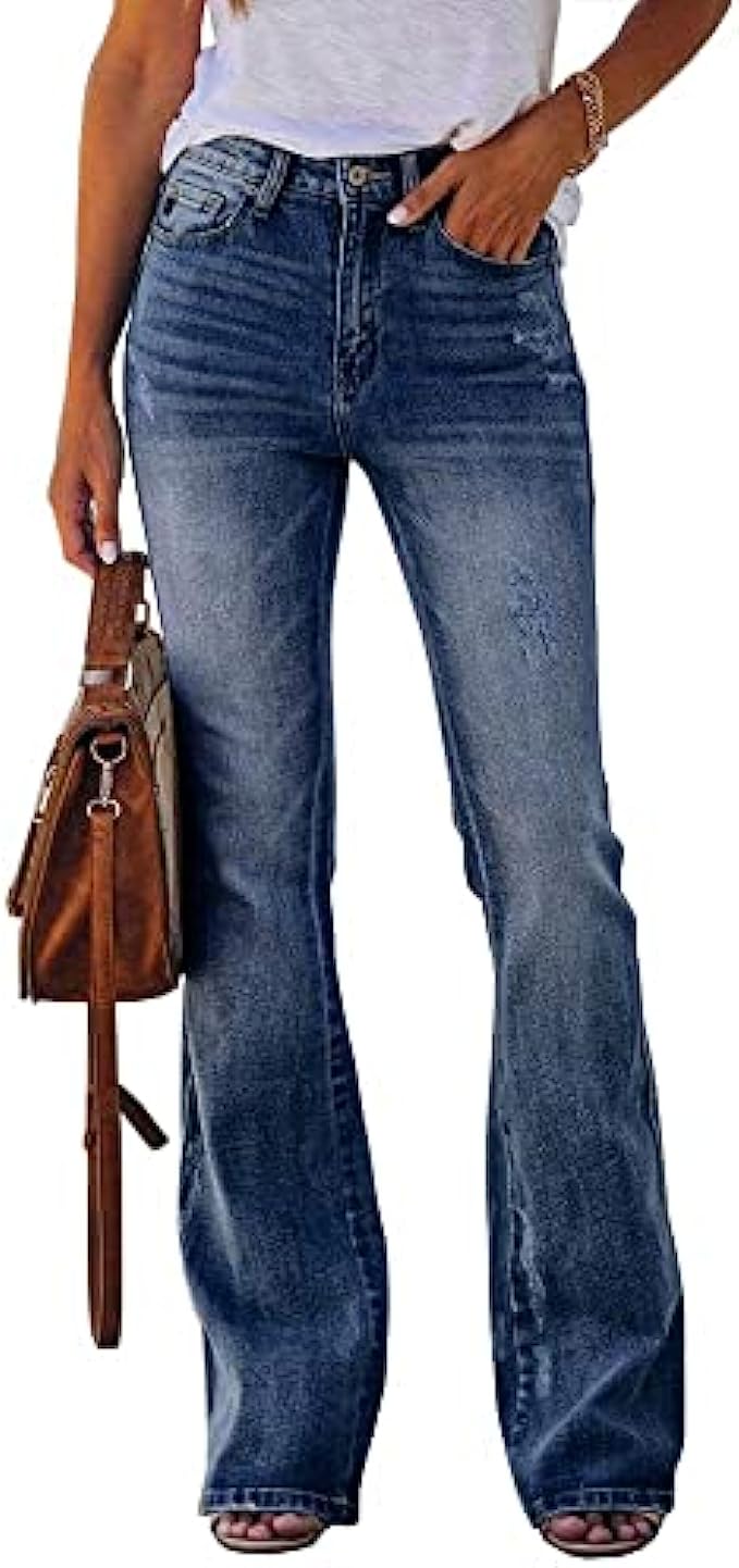 Koinshha Women’s High Waist Wide Leg Bootcut Jeans Long Washed Stretch Tummy Control Denim Pants(Size 4-16)