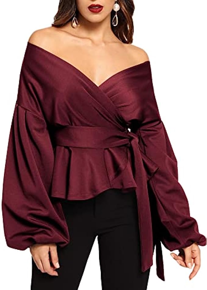 SheIn Women’s Long Sleeve V Neck Ruffle Blouse Off Shoulder Tie Waist Wrap Tops