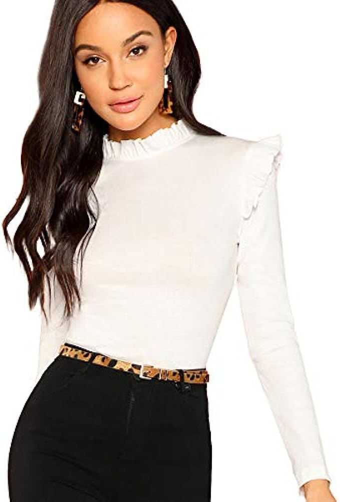 Romwe Women’s Stand Collar Slim Fit Frilled Ruffles Shoulder Solid Keyhole Blouse Top