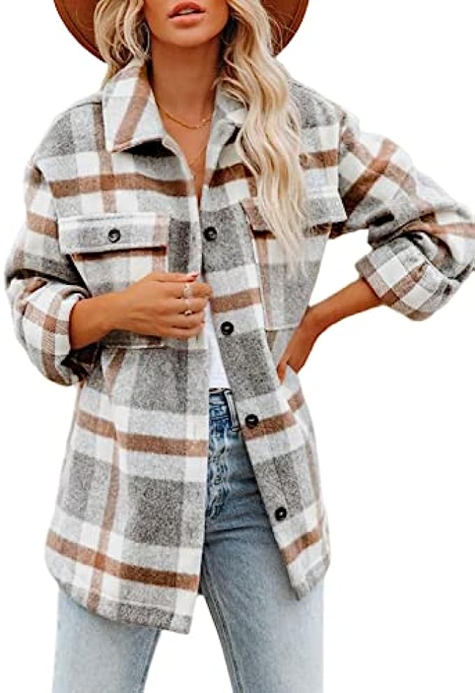 Beaully Women’s Flannel Plaid Jacket Long Sleeve Button Down Chest Pocketed Shirts Coats Shacket