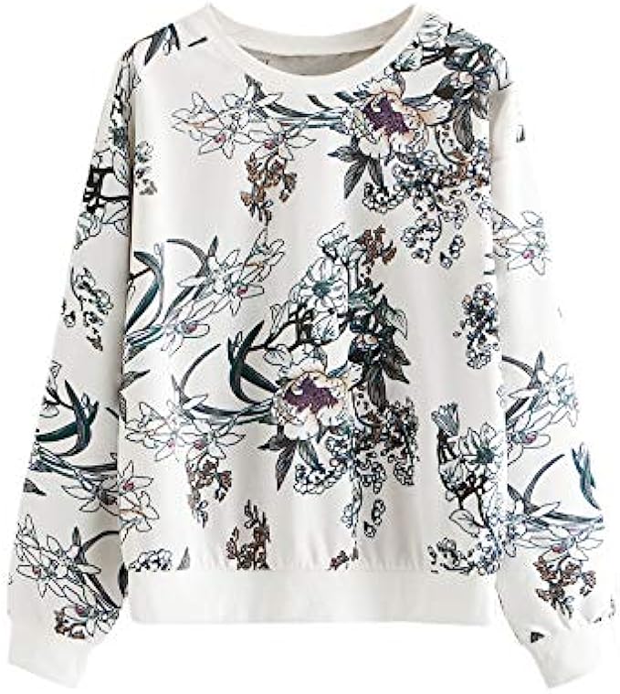 Romwe Women’s Casual Floral Print Long Sleeve Lightweight Sweatshirt Pullover