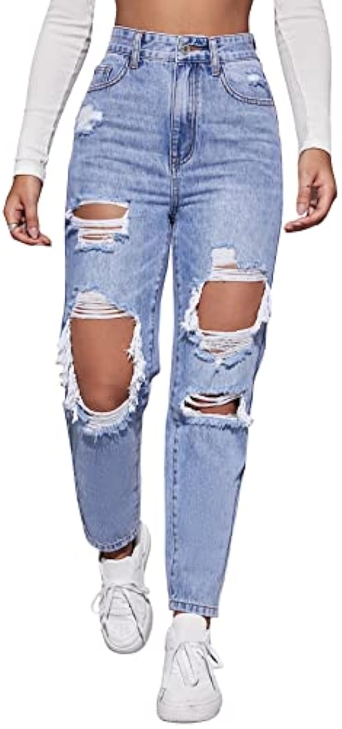 MakeMeChic Women’s High Waist Straight Leg Ripped Jeans Distressed Denim Pants