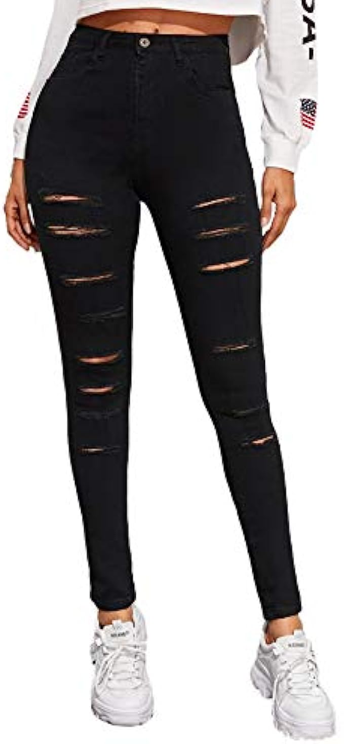 SweatyRocks Women’s Hight Waisted Stretch Ripped Skinny Jeans Distressed Denim Pants