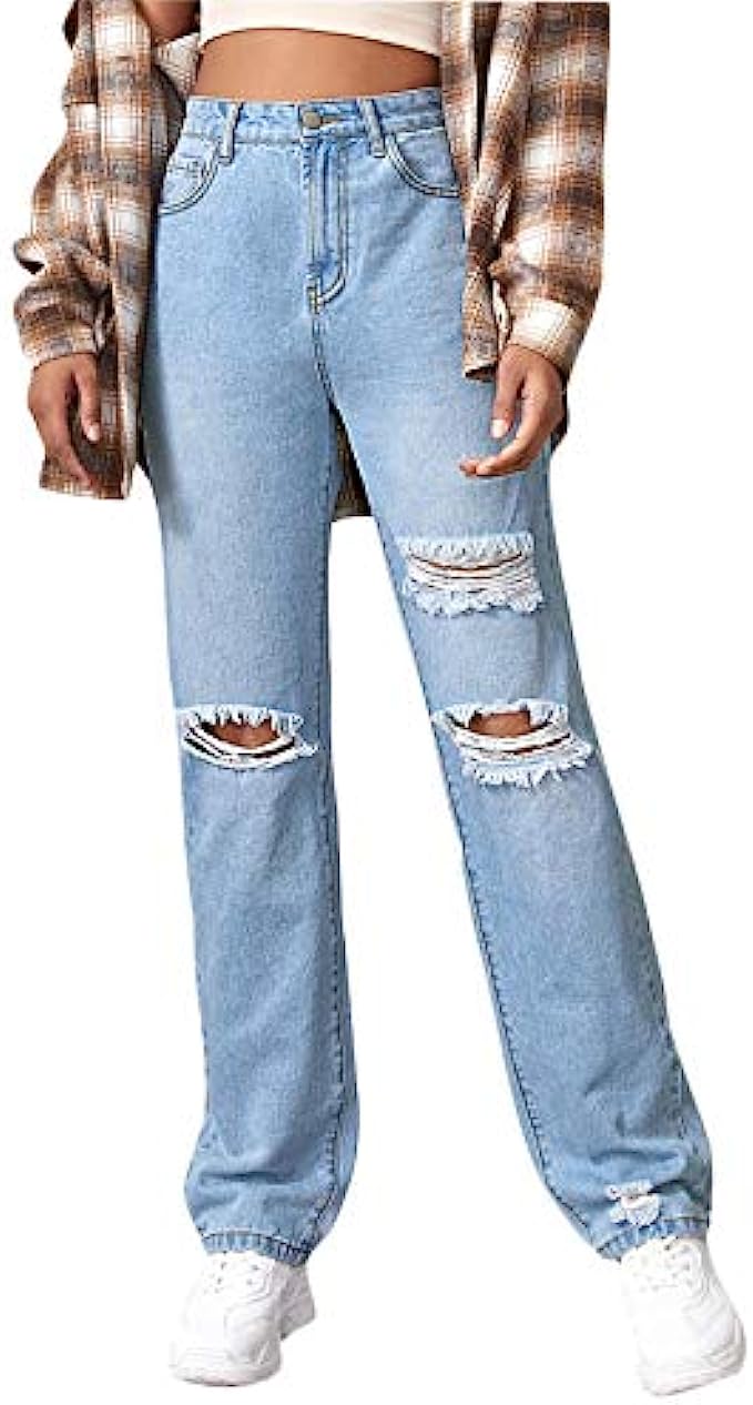 SweatyRocks Women’s Ripped Straight Leg Jeans High Waist Distressed Cutout Denim Pants