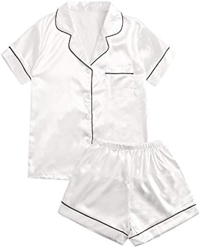 SweatyRocks Women’s Short Sleeve Sleepwear Button Down Satin 2 Piece Pajama Set